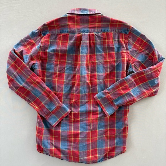 American Apparel Button Down Long Sleeve Red & Blue Plaid Cotton Unisex Shirt - Picture 7 of 7